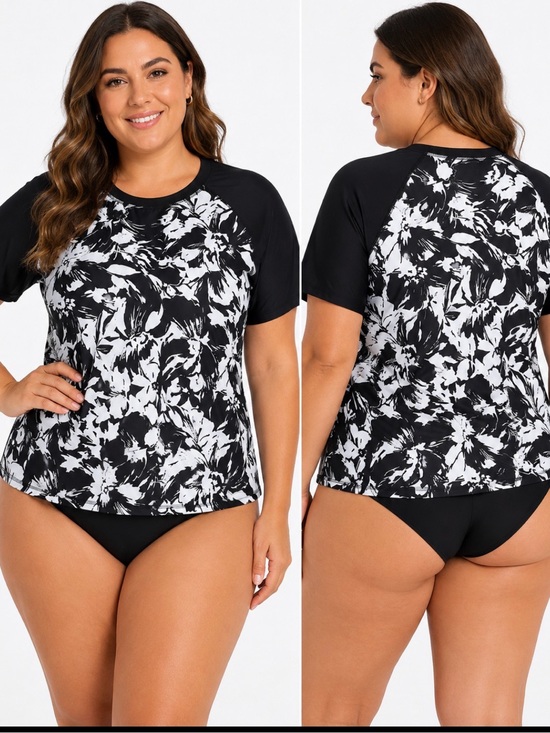Alltoke Other - NWT Alltoke Plus Size 1X Black White Floral Short Sleeve Rash Guard Swim Top